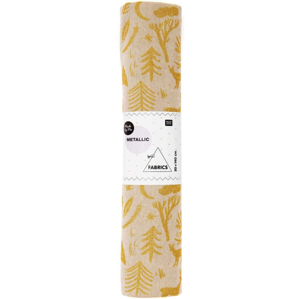 Tela aspecto lino Nostálgico Navidad Invierno Bosque natural-dorado 50x140cm