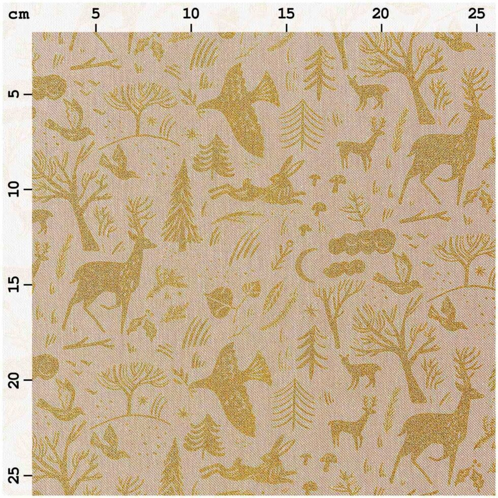 Tela aspecto lino Nostálgico Navidad Invierno Bosque natural-dorado 50x140cm