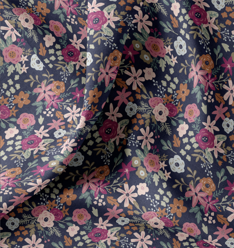 Tela de Algodón 'Pink Blossom' Night Blue